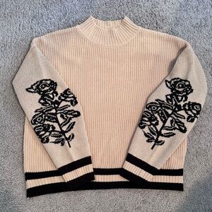 SHEIN- Floral Patterned Cream and Black Sweater